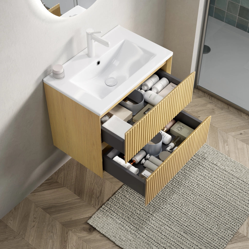 MOBILE BAGNO SOSPESO 61 cm con lavabo in ceramica Bianco e Rovere Dorato