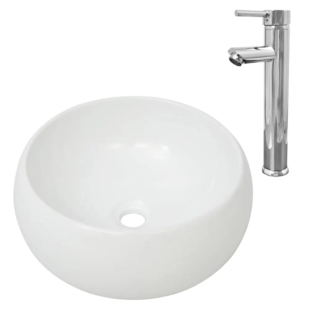 Lavello Bagno con Miscelatore in Ceramica Rotondo Bianco CFW4512924