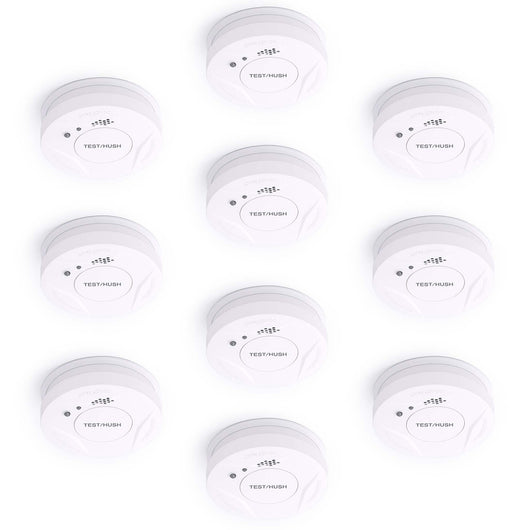 Set 10x Rilevatore di fumo con batteria fissa da 3 V, 10 anni senza manutenzione, allarme antincendio con funzione HUSH, sensore antifumo fotoelettrico affidabile con potenza sonora di 85 dB