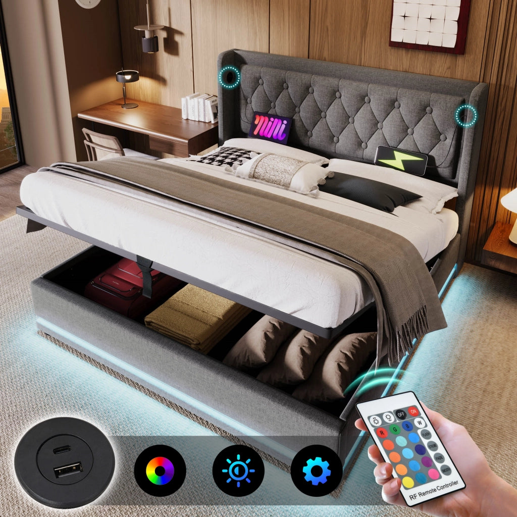 LETTO imbottito 140x200 cm in cotone grigio, con USB Type-C e LED, senza materasso