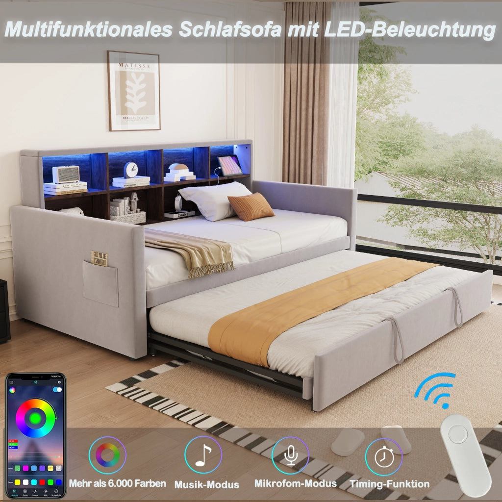 LETTO imbottito 90x190 cm in velluto grigio chiaro con testiera contenitore
