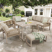 Set da giardino intrecciato a mano per 7 persone - Xylo - Struttura in ferro robusta con cuscini beige e tavolo in vetro effetto legno