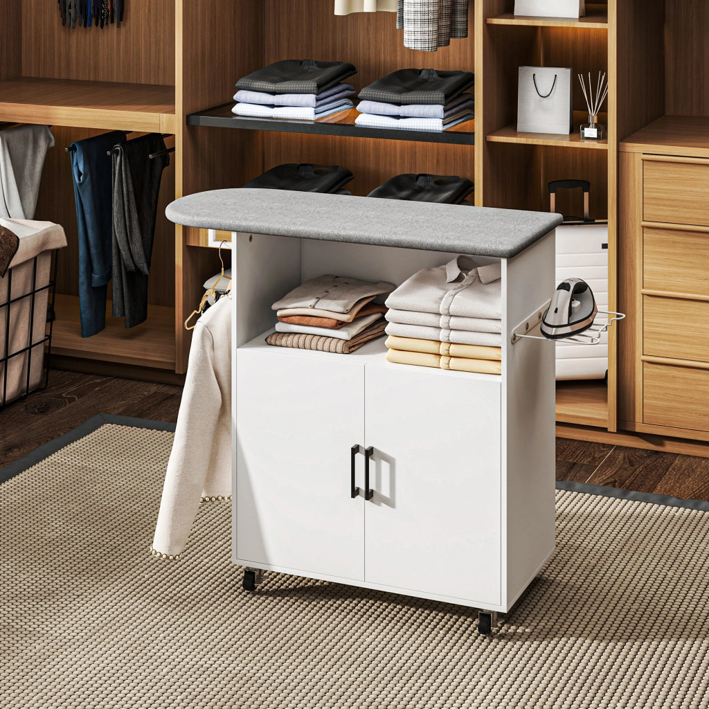 Mueble da Stiro con Ruote e Appendino ¨C Zephmum ¨C Bianco 125x43,5x102,5 cm