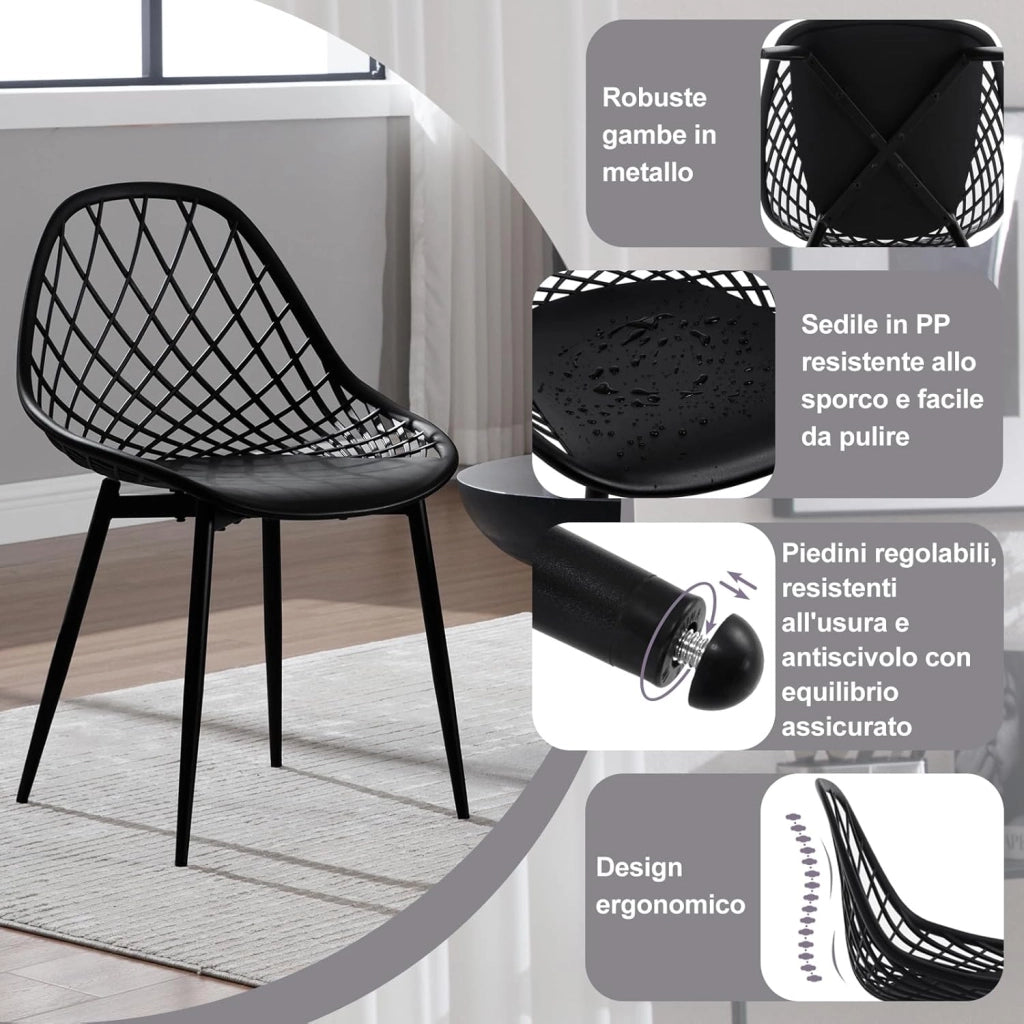 Sedia da Cucina Set da 4, da Pranzo con Schienale Scavato, Seduta in PP e Gambe in Metallo, Stile Scandinavo per Soggiorno, Camera da Letto, Nero, K0017EZS-4