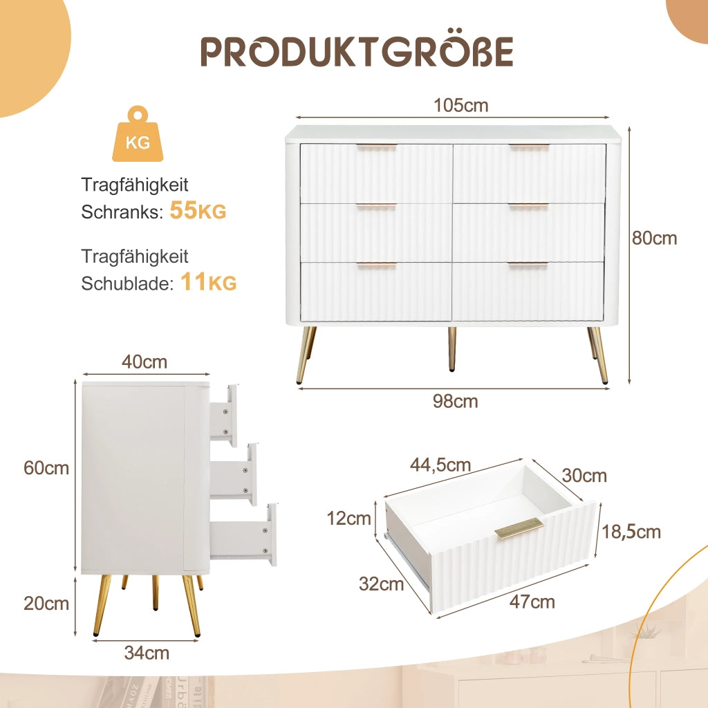 Cassettiera con 6 cassetti e guide ammortizzate, maniglie in metallo, per camera da letto, bianco, 105 × 40 × 80 cm