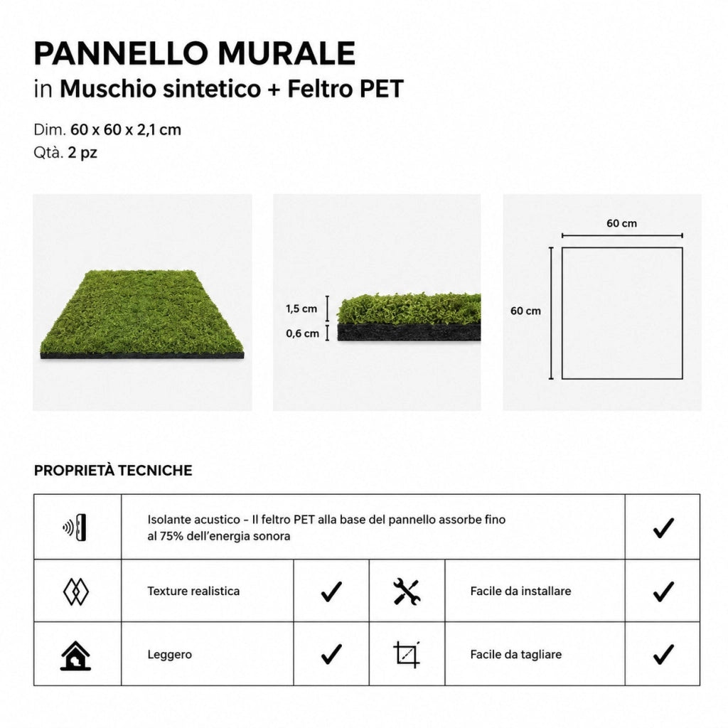Set 2 pezzi Pannello Decorativo Fonoassorbente 60x60 Effetto Muschio Erba Sintetica Verde