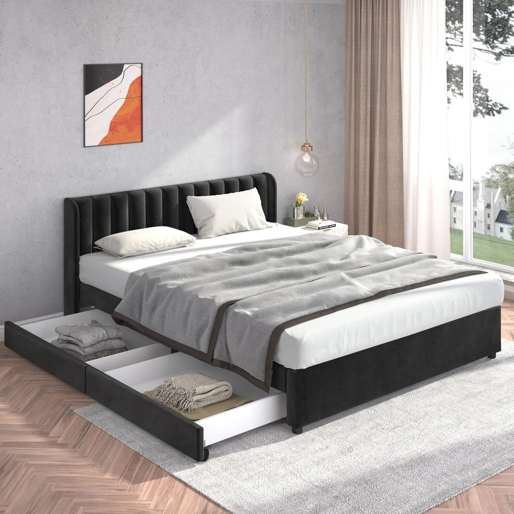 Letto Imbottito in Velluto con Cassetti e Rete ¨C MINIMAL ¨C Nero 180x200