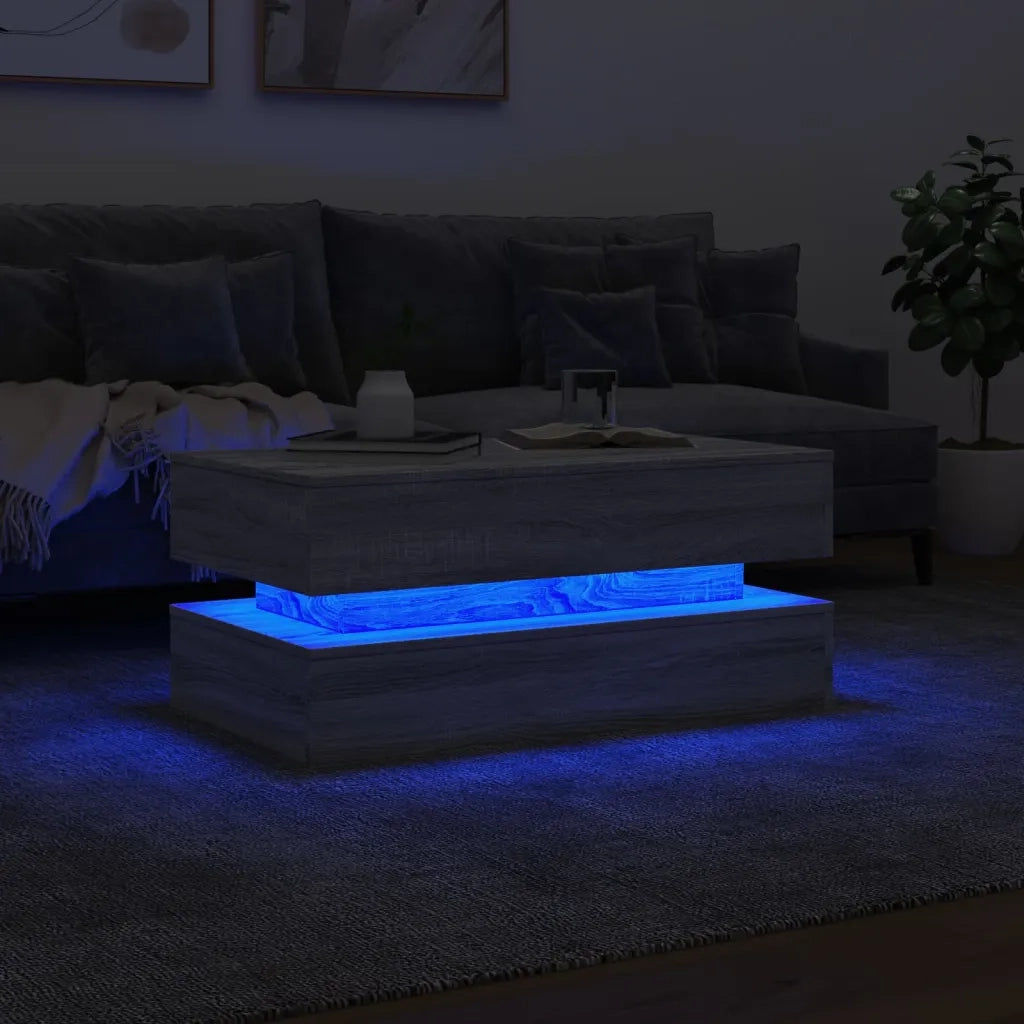 Tavolino da Soggiorno con Luci LED-Tavolino da Salotto-Tavolo Grigio Sonoma 90x50x40 cm 552429