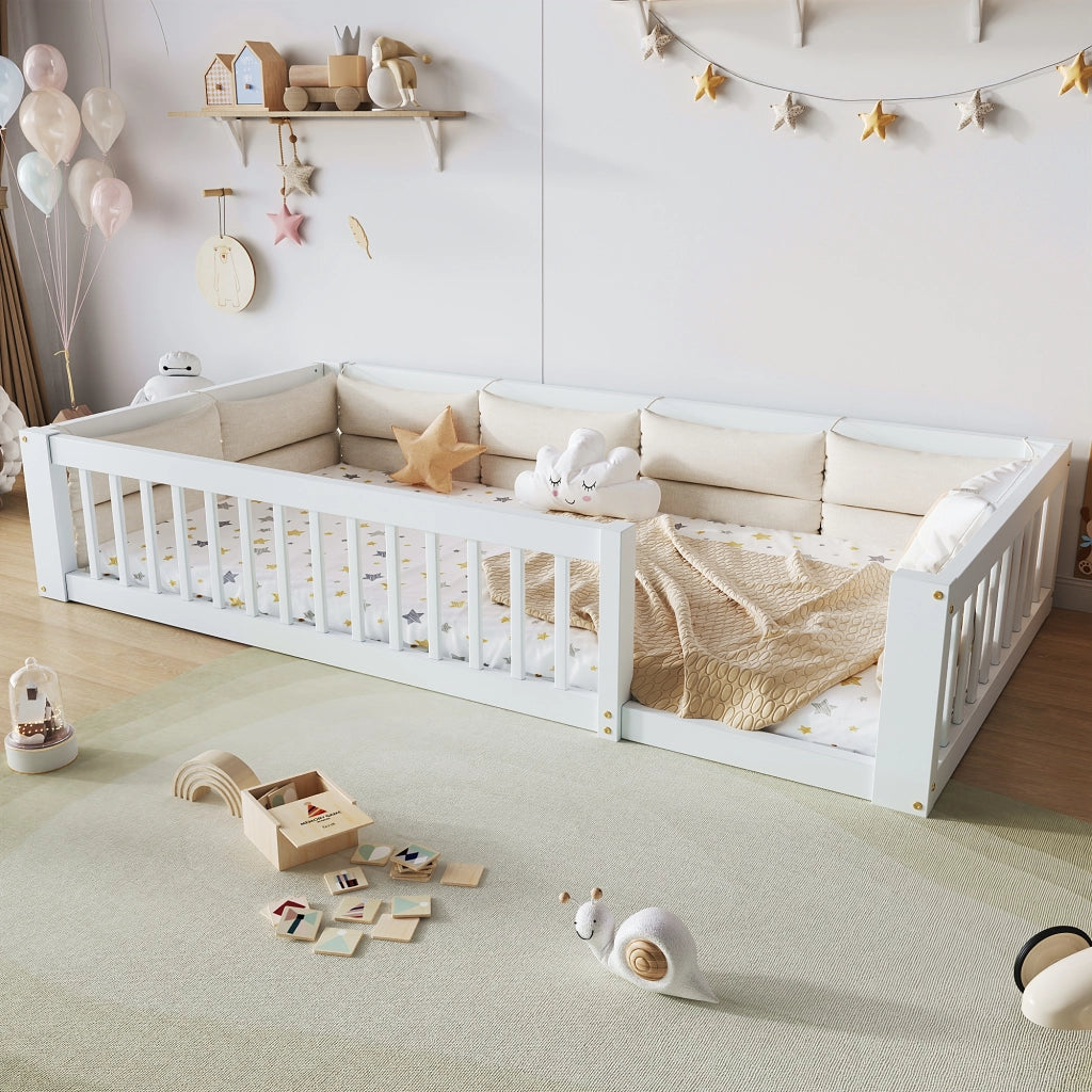Letto a piattaforma 90x200, letto singolo bianco con cuscini e sponde