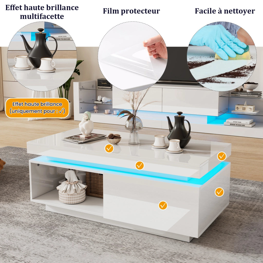 OKWISH Set 2 Mobile TV e Tavolino da Salotto, con LED e Vano Contenitore, Pannelli Lucidi, in Truciolare Bianco