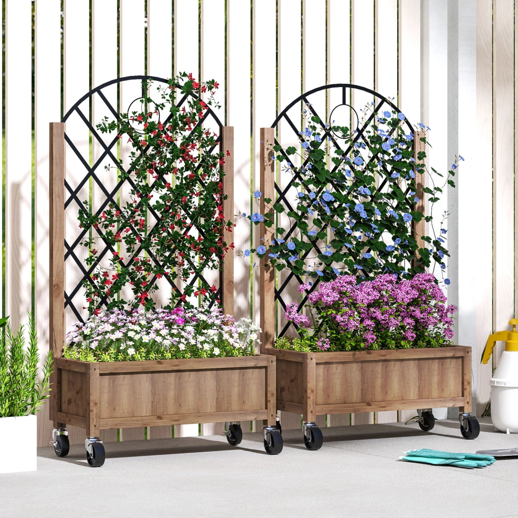 Set 2 Pezzi Fioriera da Giardino con Ruote e Griglia ¨C Zephmum ¨C Legno 52x25x97cm Marrone