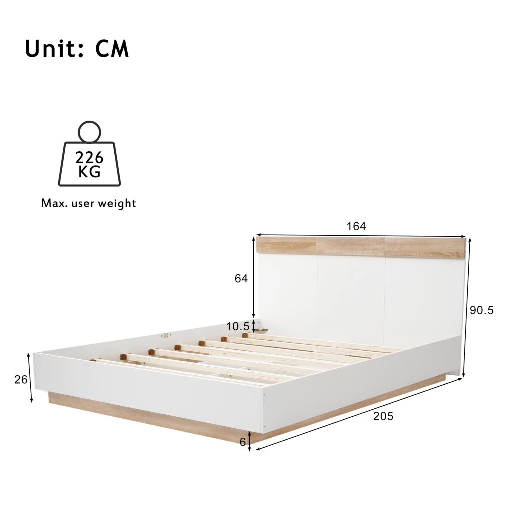 Letto Matrimoniale 160×200 cm; con Testiera ed Effetto Sospeso; senza Materasso; in Legno; Bianco e Rovere