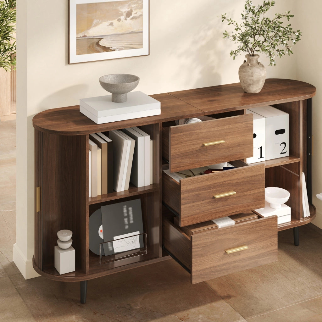 Credenza da sala da pranzo, mobile da ingresso, 3 cassetti, ante scorrevoli, piedini in metallo, color noce
