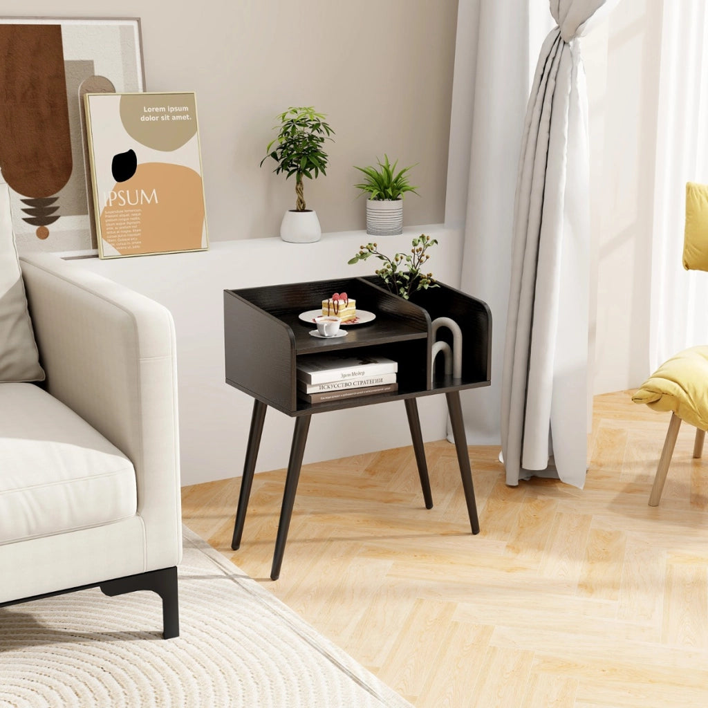 Comodino in stile moderno semplice ma pratico, Tavolino a 2 piani con mensole aperte Nero-Comodini