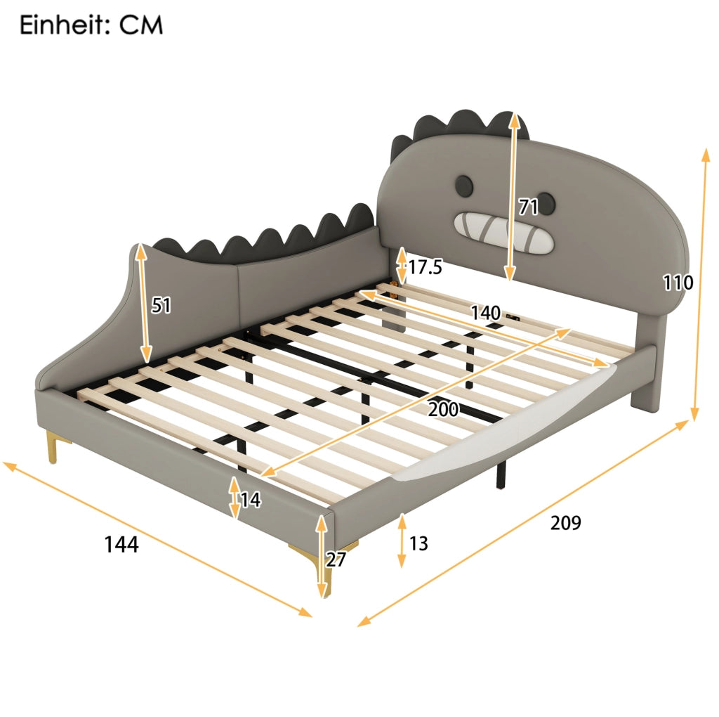 Letto per bambini a forma di dinosauro in PU grigio; per materasso 140 x 200 cm