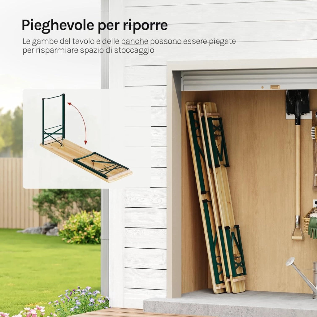 Set Birreria 3 Pezzi con Tavolo e 2 Panche Pieghevoli, Set Giardino Esterno con Anelli per Ombrellone, Resistente alle Intemperie e Facile da Pulire, per Campeggio, Terrazza, in Legno Naturale