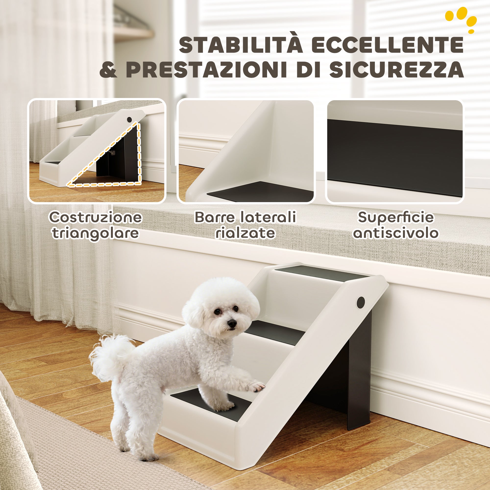 Scaletta Pieghevole per Cani e Gatti 3 Gradini Antiscivolo  53x30,5x36,5 cm in PP Crema