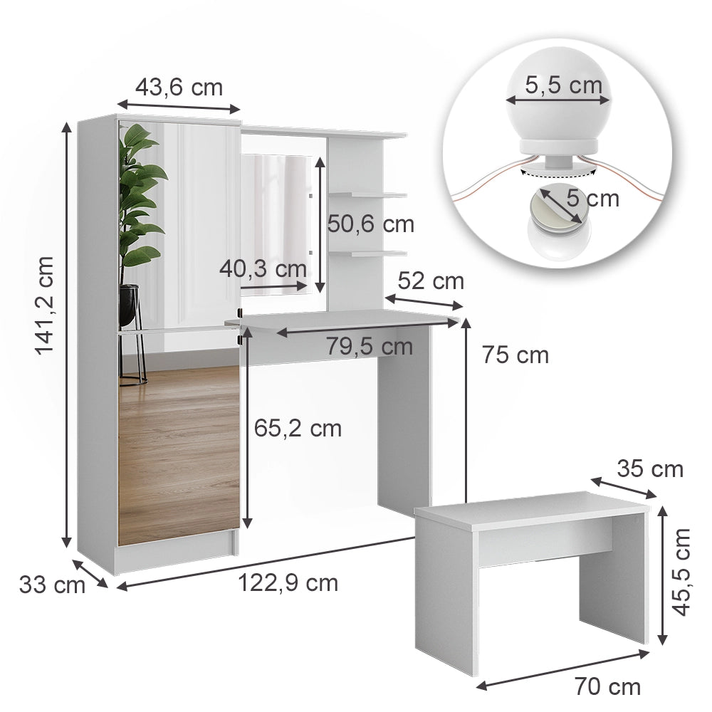 Vicco Tavolo da toilette Bianco 123 cm con illuminazione a LED e panca