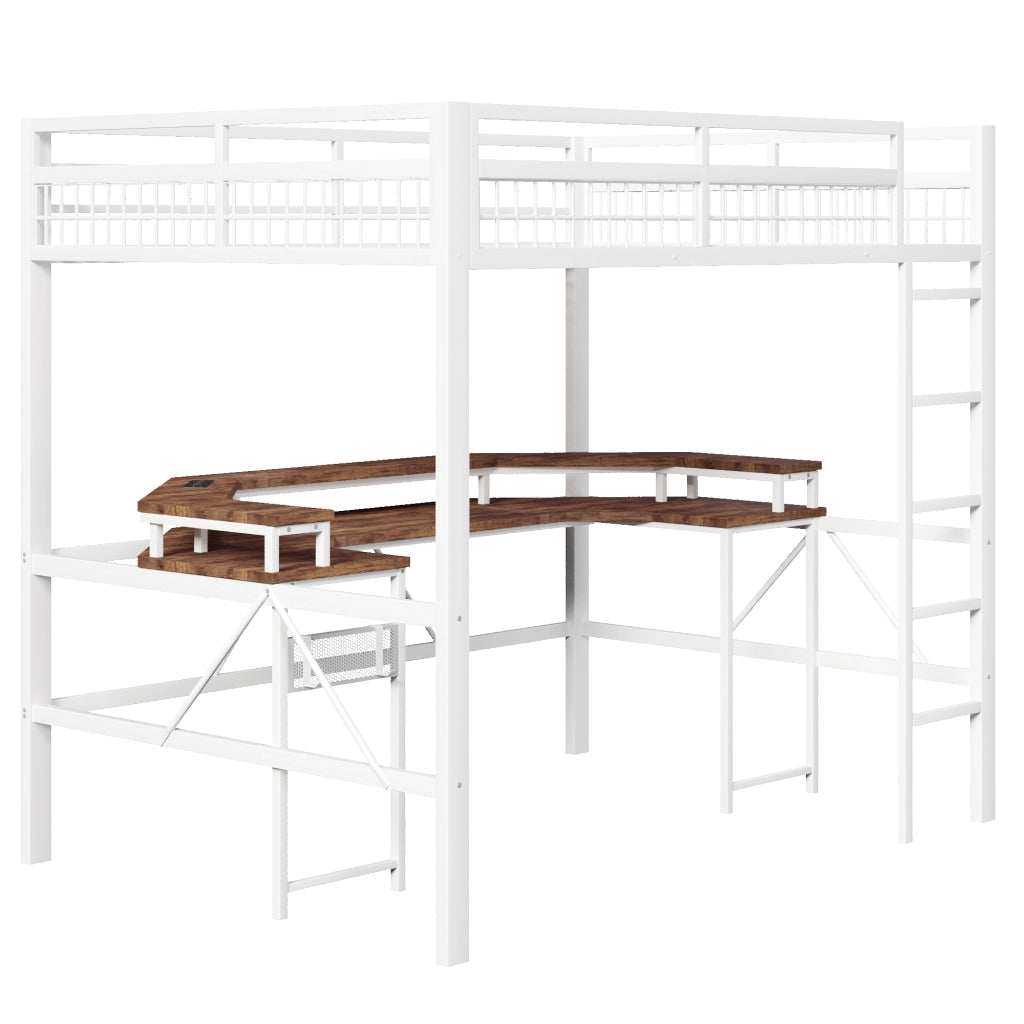 LETTO A SOPPALCO 140x200 cm in metallo bianco con scrivania, LED, USB e prese