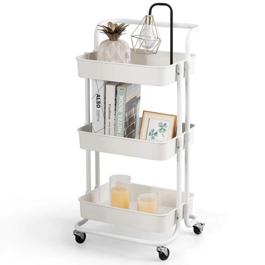 Carrello con 3 cesti e Maniglia, Carrello Multifunzione con Ruote, 87 x 35 x 42 cm，Nero/Bianco (Bianco)
