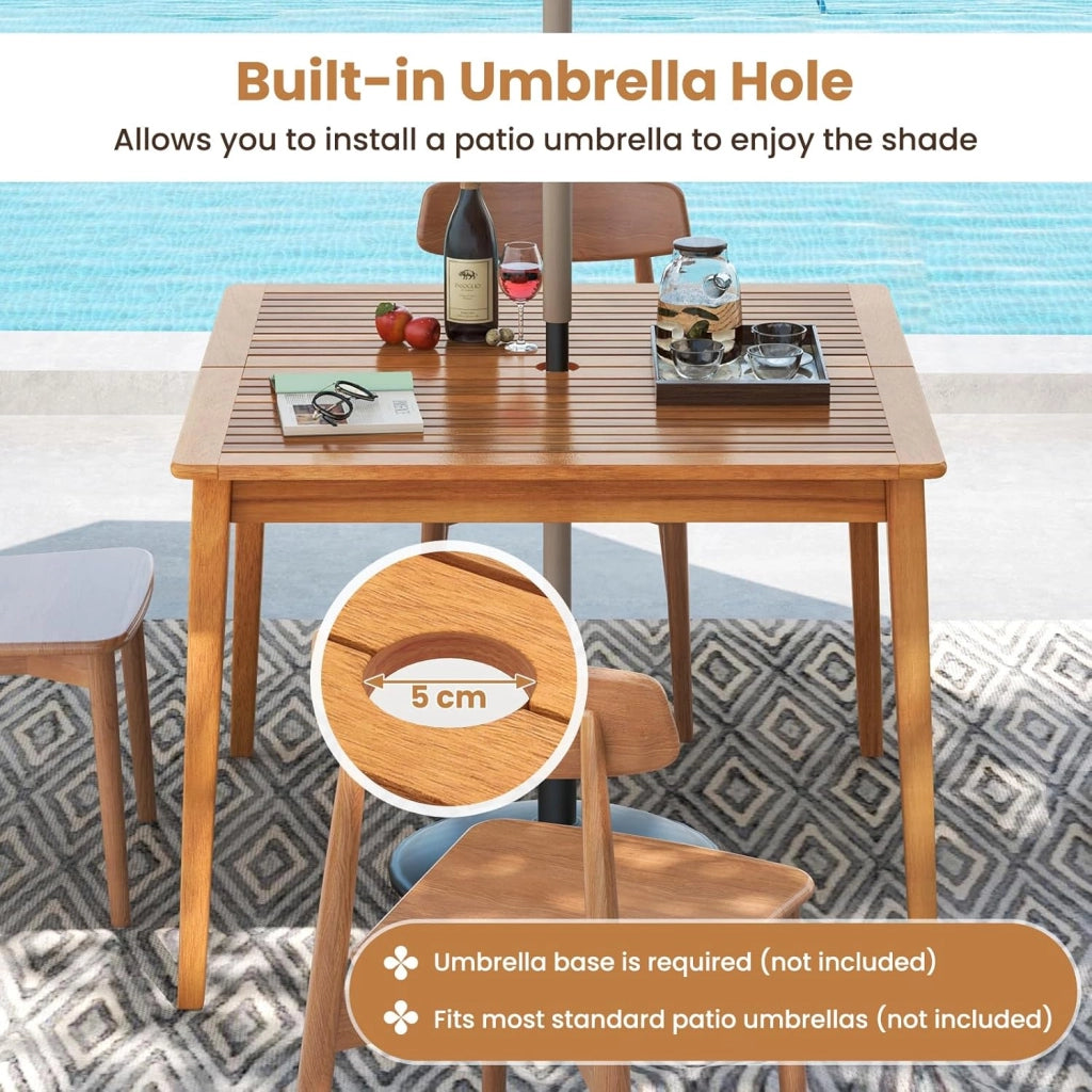 Tavolo da Giardino con Foro per Ombrellone da 5 cm, Tavolo da Pranzo in Legno di Acacia, Tavolo Rettangolare per 4 Persone, per Esterno, Balcone, Cortile, Veranda (Modello I)