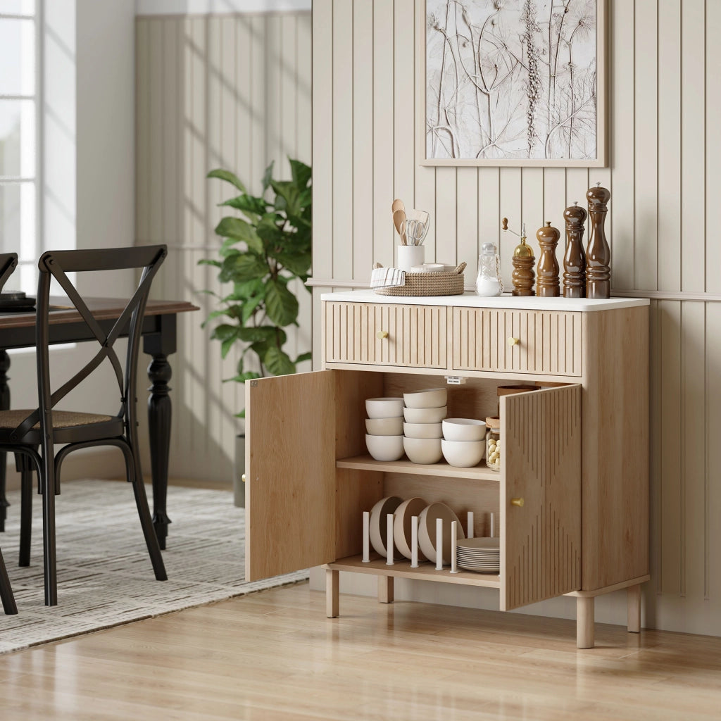 Credenza Buffet 77x30x80 cm con Piano d'Appoggio Effetto Marmo in Legno Rovere