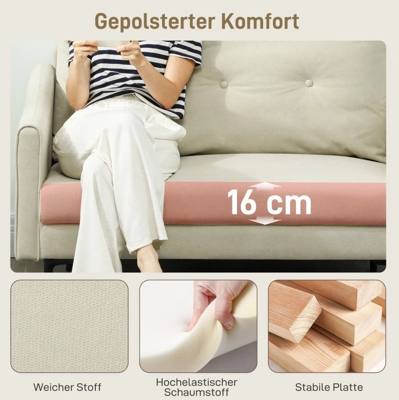 Divano 2 posti in tessuto crema con imbottitura in schiuma e gambe in metallo, 124 cm