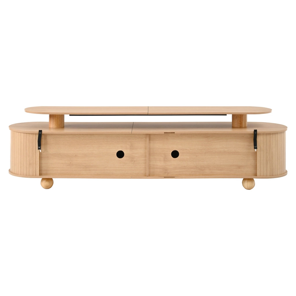 Mobile porta TV ovale a doppio livello con 4 ante e 2 porte scorrevoli, LED ambiente, per soggiorno, naturale 180 × 40 × 48 cm