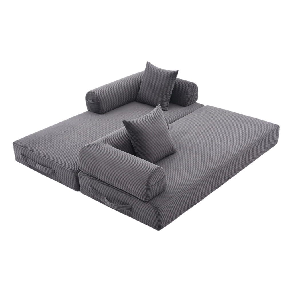 Divano modulare 200x94x67 cm con tasca laterale e 3 cuscini in corduroy grigio scuro