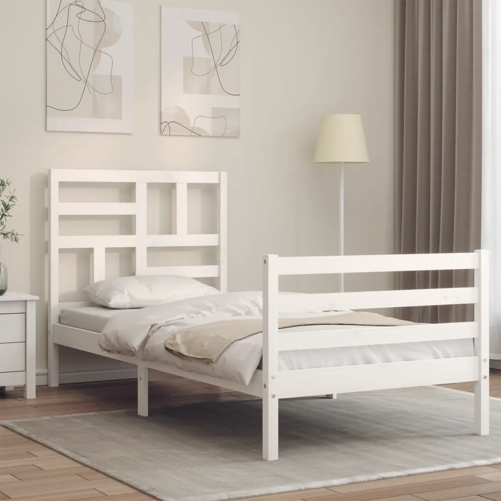 Giroletto con Testiera-Struttura Letto con testiera Bianco 90x200 cm in Legno Massello 200396