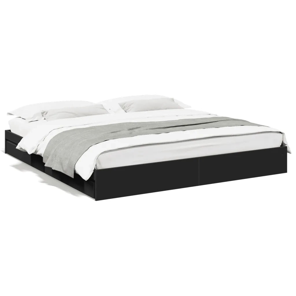 Letto matrimoniale | Letto per adulti | Giroletto con Cassetti Nero 200x200 cm in Legno Multistrato
