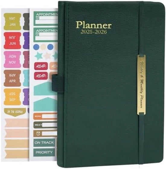 Agenda scolastica A5 (20,5 x 14 cm) con copertina in pelle rigida, calendario di 18 mesi da gennaio 2025 a giugno 2026 - Verde