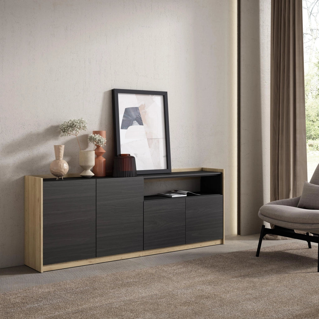 Credenza, Mobile, Cucina, 207x80x37 cm, 4 Porte, grande stoccaggio, Nero e rovere