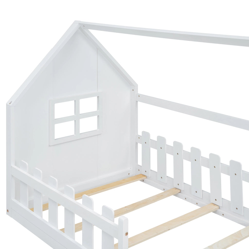 Letto a Casetta 90×200 cm; Letto Singolo per Bambini a Forma di Casa; senza Materasso; Bianco