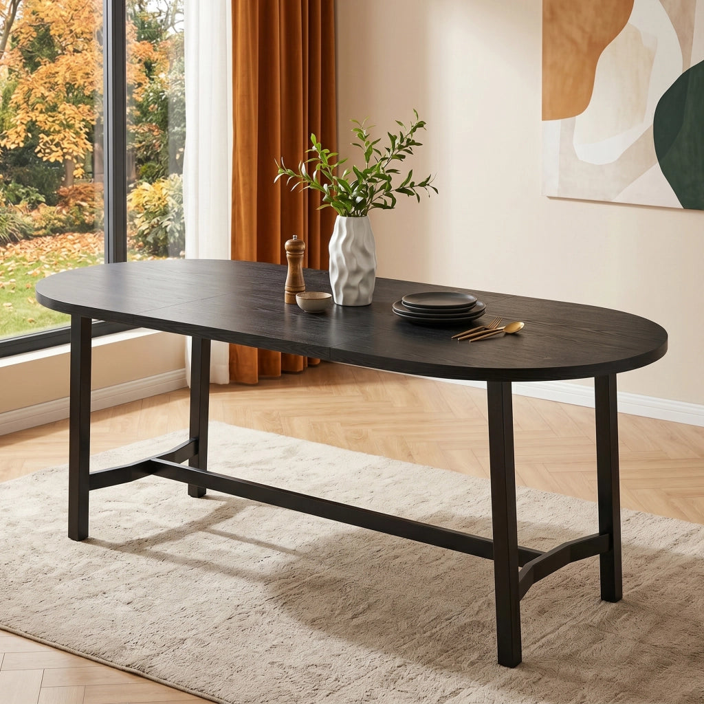 Tavolo da pranzo 180x80 cm in MDF e ferro, per 6-8 persone, nero, angoli arrotondati
