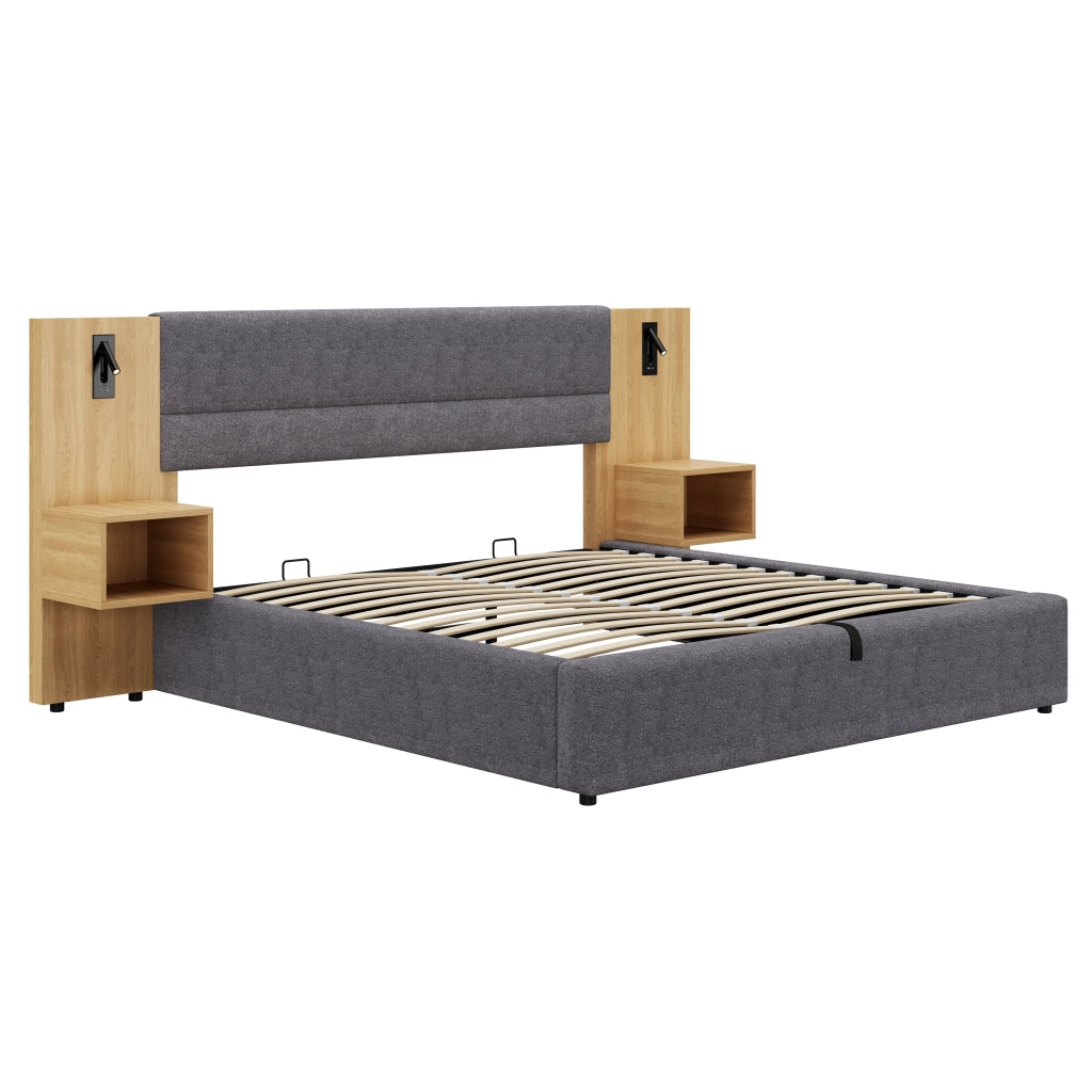 Letto imbottito 160x200 cm in velluto con contenitore idraulico, 2 comodini, luci e porte USB, grigio/naturale