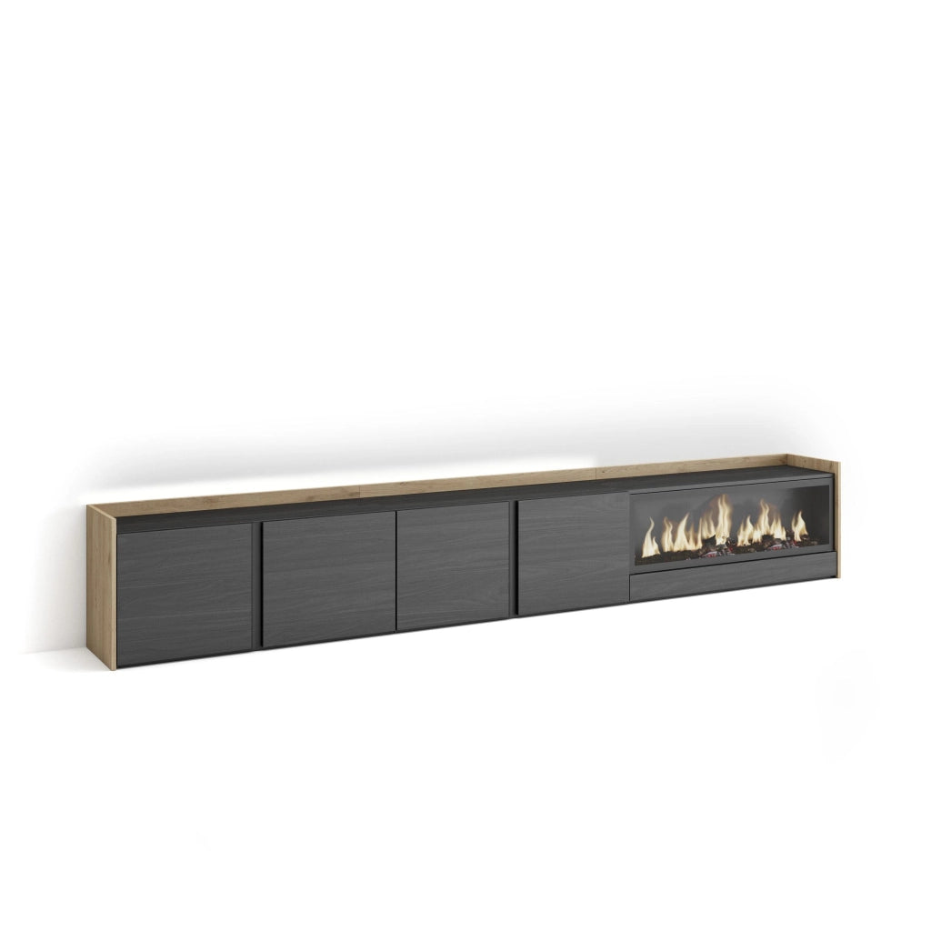 Mobile TV Soggiorno, 315x50x35 cm, Per TV fino a 80", Camino elettrico XXL, LED, Nero e rovere