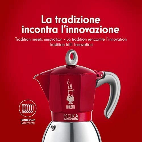 Bialetti 6942 Moka Induction Caffettiera 2 Tazze 90 ml Acciaio e Alluminio Induzione Compatibile colore Rosso