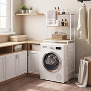 Scaffale sopra Lavatrice a 3 Livelli, Mobile sopra WC Autoportante con Asta di Sospensione, per Bagno o Lavanderia, Rovere Chiaro e Bianco, 67x40x162 cm