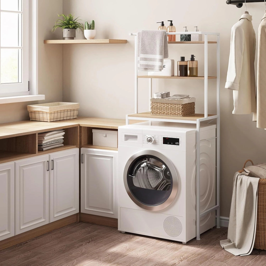 Scaffale sopra Lavatrice a 3 Livelli, Mobile sopra WC Autoportante con Asta di Sospensione, per Bagno o Lavanderia, Rovere Chiaro e Bianco, 67x40x162 cm