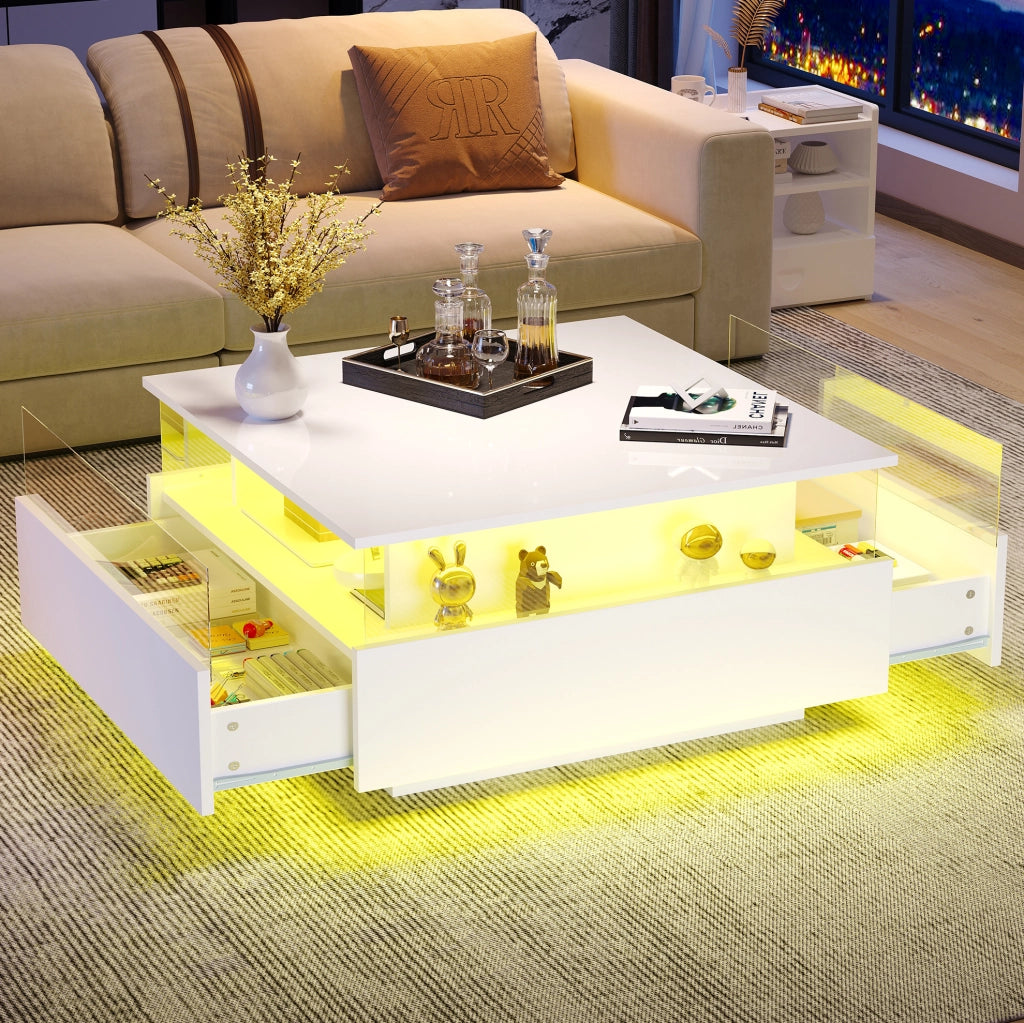 Tavolino da caffè bianco lucido con LED, 2 cassetti e vano trasparente 70×70×41 cm