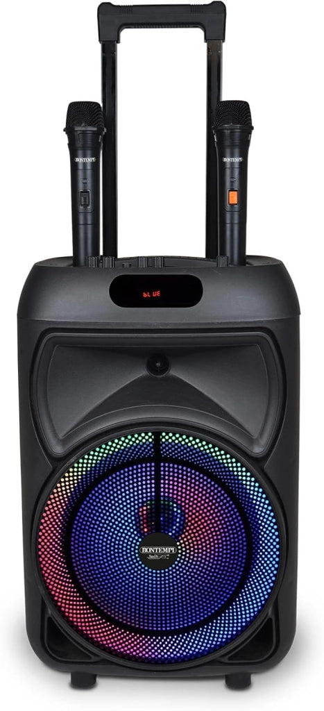 Cassa Trolley Acustica Wireless con 2 Microfoni Senza Filo, Luci RGB, Telecomando, Display, Funzione TWS, 48x29x24 cm,Bo