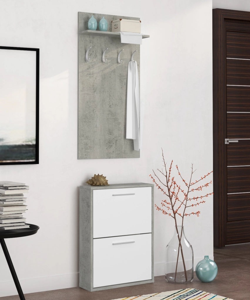 Set Ingresso Salvaspazio con Scarpiera 2 Ribalte e Appendiabiti da Parete con Mensola Mobile Ingresso Moderno Soggiorno Portascarpe Giacche 54 x 73 x 18 Cm Bianco E Grigio Cemento