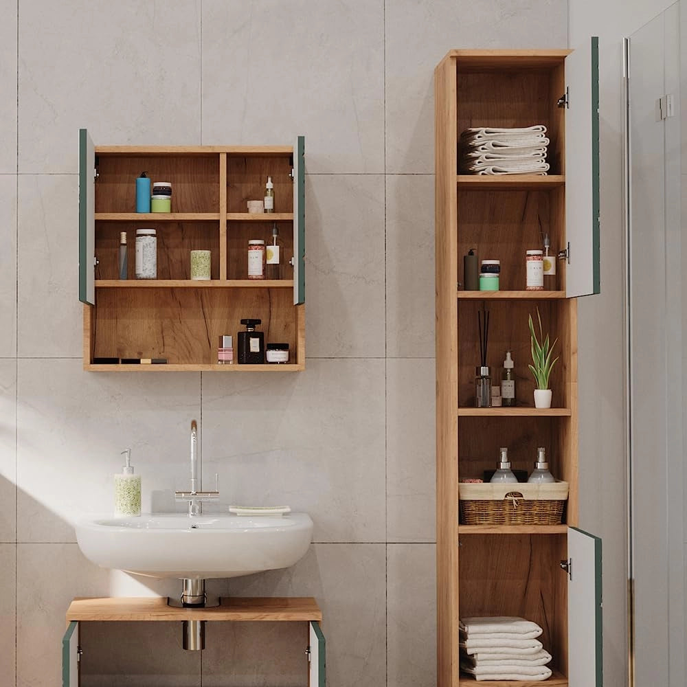Mobiletto da bagno Irma, Quercia verde/oro, 30 x 192 cm, per la conservazione di accessori da bagno e compatibile con la serie Irma