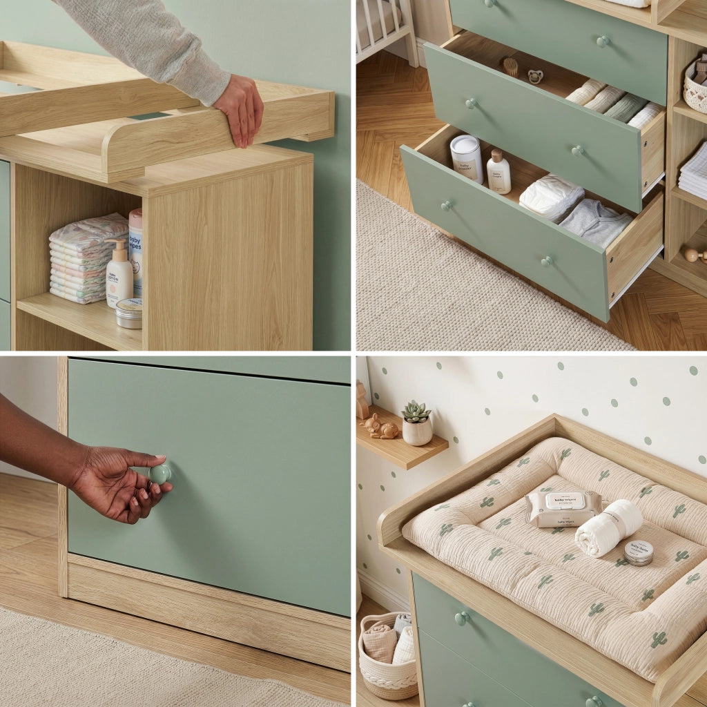 Cassettiera Beldinupp con Piano Fasciatoio Rimovibile 93 x 110 x 55 cm - Effetto Rovere / Verde [en.casa]