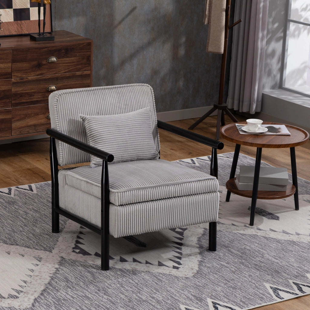 Poltrona contenitore in velluto grigio chiaro con struttura in legno e cuscino lombare