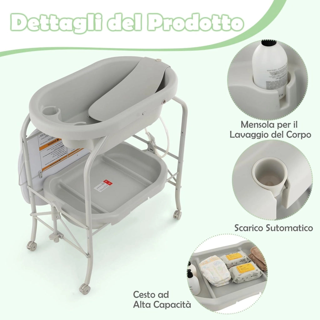 Fasciatoio con Vaschetta Bagnetto 2 in 1, Vasca da Bagno Pieghevole per Bambini, Fasciatoio con Materassino, Cestino Portaoggetti, Ruote con Freno, Portata 35kg+15kg (Grigio Chiaro)