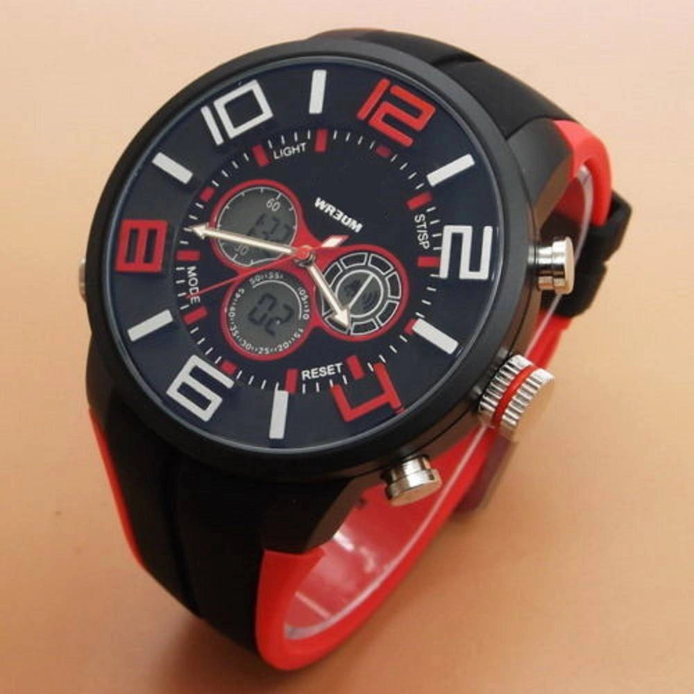 Trade Shop - Orologio Da Polso Zcc Uomo Dual Time Analogico Digitale Sveglia Sport Rosso Nero -