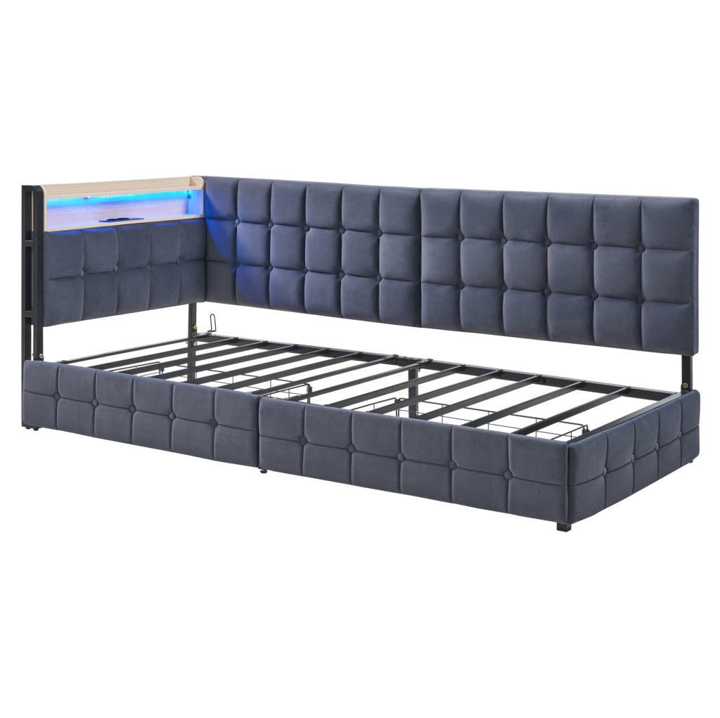 Divano letto 90x200 cm con 2 cassetti, LED, USB e USB-C in velluto grigio