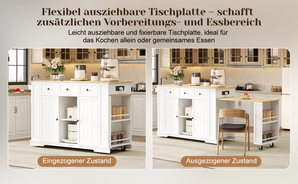 Carrello da cucina mobile con isola e tavolo estraibile, 138(213)x55x93 cm, bianco/naturale, MDF